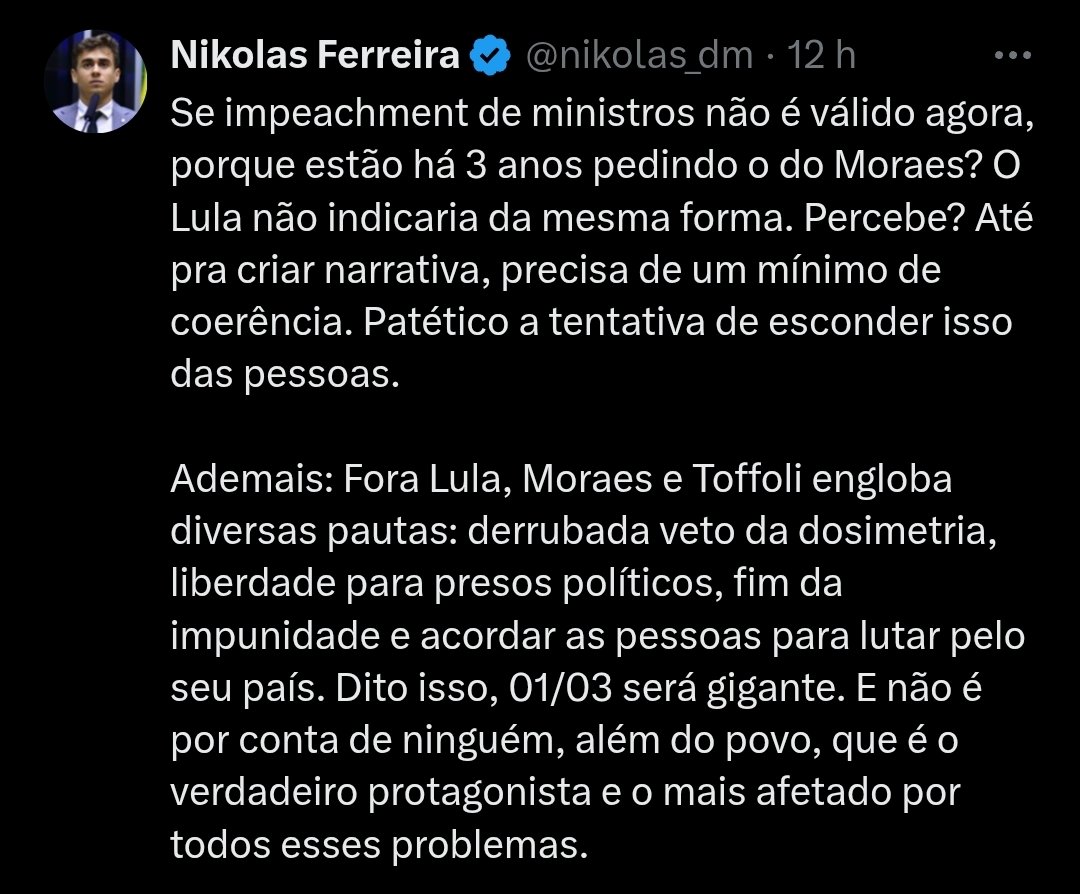 O Nikolas Ferreira desenhou o motivo das pautas do dia 01/03.

O motivo é simples e claro, somente pessoas com outras intenções para querer mudar o foco, as pautas. Estas pessoas tem interesses particulares, que passam bem longe dos interesses do povo de bem, do Brasil.