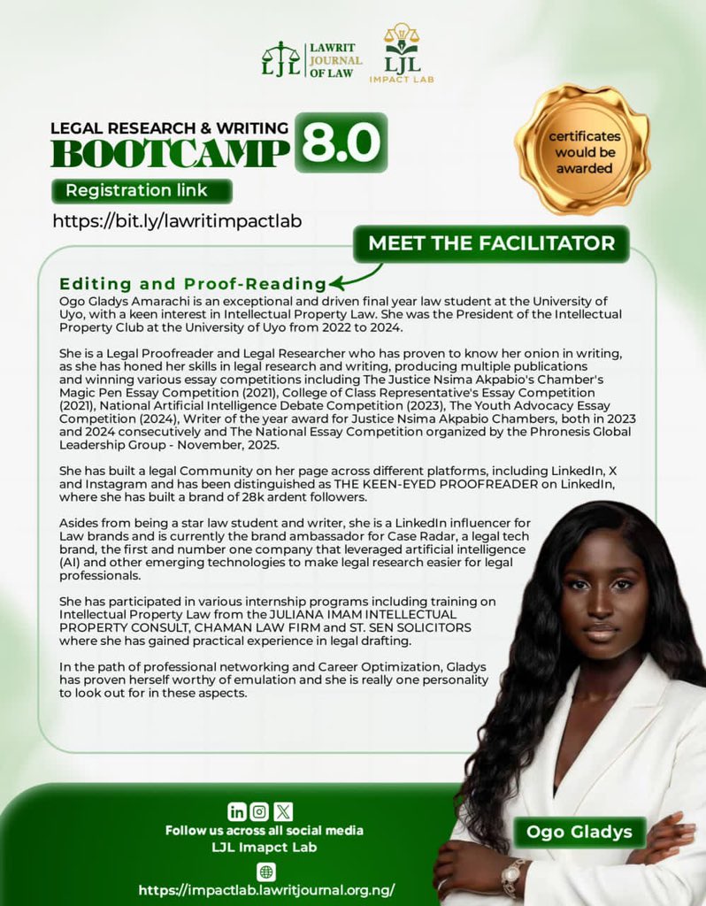 Meet Ogo Gladys Amarachi, award-winning legal writer and "The Keen-Eyed Proofreader." Learn writing excellence at Bootcamp 8.0. Secure your spot: bit.ly/lawritimpactlab #LJLBootcamp8.0
