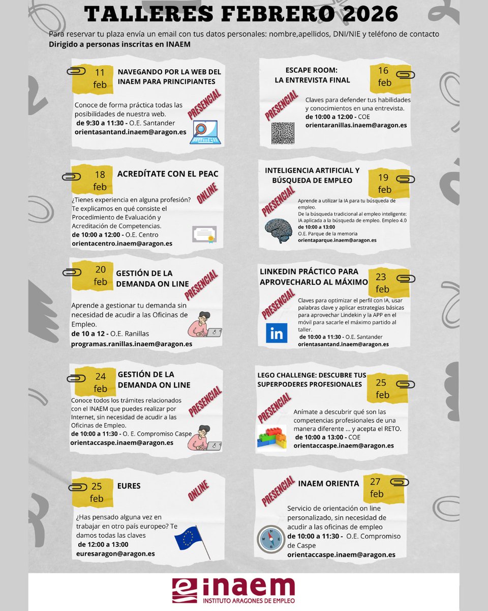 Recuerda que están en marcha los talleres de empleo de febrero del #INAEM.🙌🏼

Como siempre, puede inscribirse cualquier persona que esté dada de alta como demandante de empleo en el Instituto Aragonés de Empleo (INAEM).📩 

#EmpleoAragón #Talleres