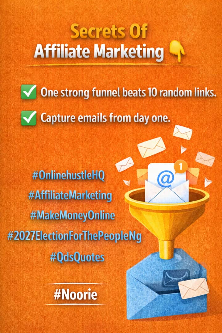 onlinehustlehq's tweet photo. Secrets Of Affiliate Marketing 👇
One strong funnel beats 10 random links.
Capture emails from day one.
#OlinehustleHQ
#AffiliateMarketing
#MakeMoneyOnline
#2027ElectionForThePeopleNg
#QdsQuotes
#Noorie https://t.co/Faa2OFhIhj