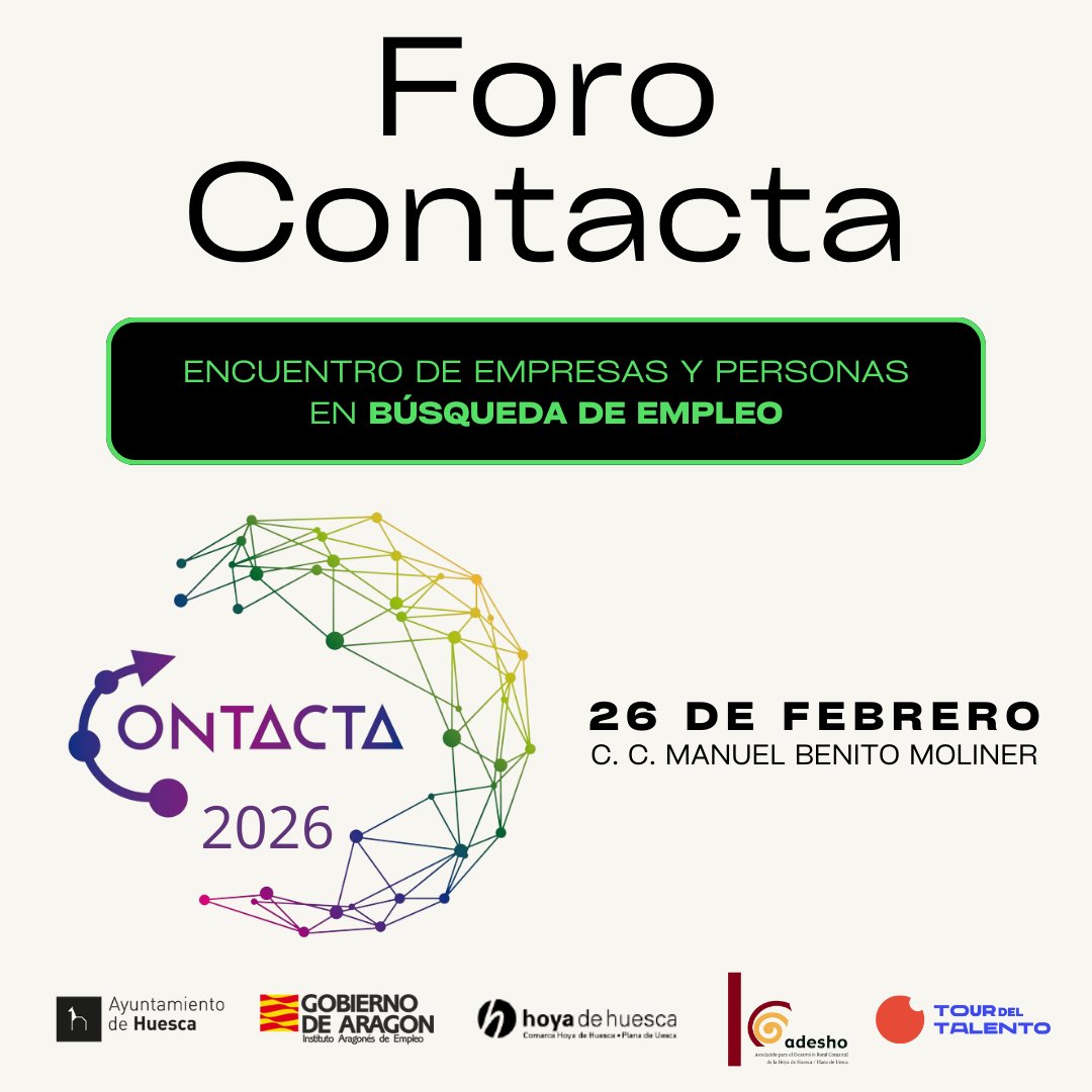 📣 El #ForoContacta 🗣️ abre el plazo de inscripciones para menores de 35 años que quieran participar en este encuentro con empresas. 

👉​ Si estás en situación de desempleo o estás trabajando pero buscas otras oportunidades laborales, inscríbete: huesca.es/w/el-foro-cont…