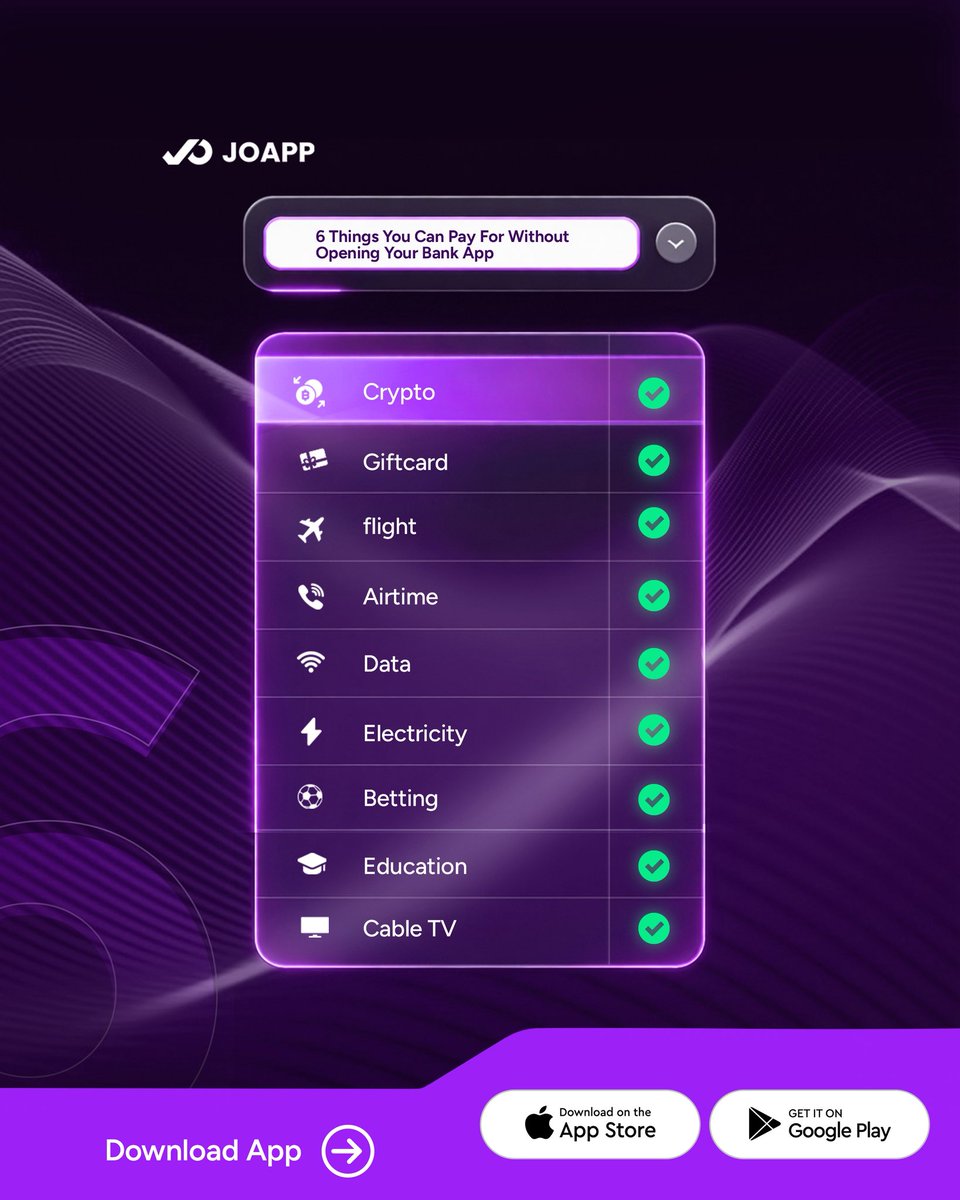 official_joapp's tweet image. Things you can pay for without opening your bank app!

Why stress or switch between apps when you can handle it all in one place?

Download JoApp today And Make your payments the smart way.😌

#JoApp #PayWithEase #DigitalPayments