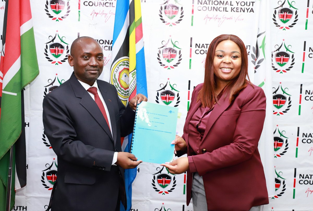 NCIC_Kenya's tweet photo. The @NYC_YouthVoice and #NCIC have entered into an MoU, aimed at increasing youth participation in peacebuilding, national cohesion, and sustainable development across Kenya. 

This agreement establishes a formal framework for cooperation to promote youth engagement, implement joint civic education programs, and strengthen institutional collaboration through knowledge and resource exchange. 

The MoU signing was led by NCIC Commission Secretary Dr. @DanielGiti and NYC CEO Ms. Gloria Wairimu. 

#AmaniKwaGround #TransgenerationalConversations