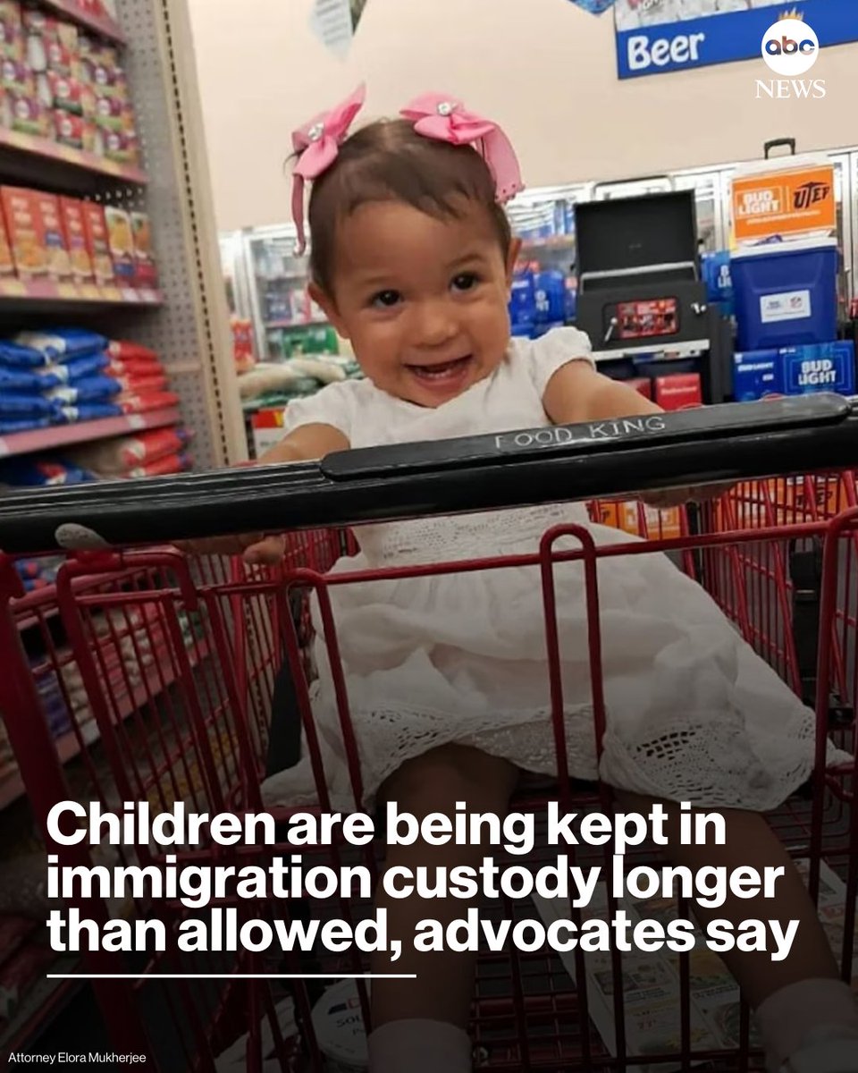 ABC's tweet image. 1-year-old Amalia and her family were sent to Texas' Dilley immigration detention center, where they were detained for 60 days — joining families that have been held for durations that advocates say exceed the limits established by federal court rulings.
abcnews.link/f6zTAFx