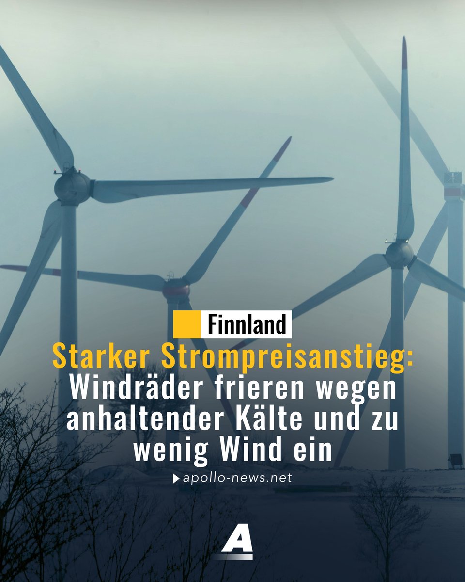 apollo_news_de's tweet photo. Seit Ende Januar frieren in Finnland Windkraftanlagen ein. Wegen gefrierenden Nieselregens und zu wenig Wind bilden sich Eisschichten an den Rotorblättern, Anlagen werden abgeschaltet. Das führte bereits zu einem starken Anstieg des Strompreises. https://t.co/DfGJgP1YRO https://t.co/orN2muLCRK
