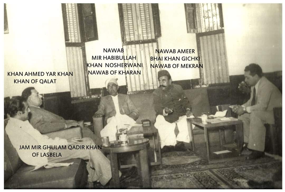 Jam Mir Ghulam Qadir Khan Jamote Sindhi and Nawab Ameer Bai Khan Gickhi Sindhi with the Brauhi Nawab of Sarawán and Khan of Kalat.