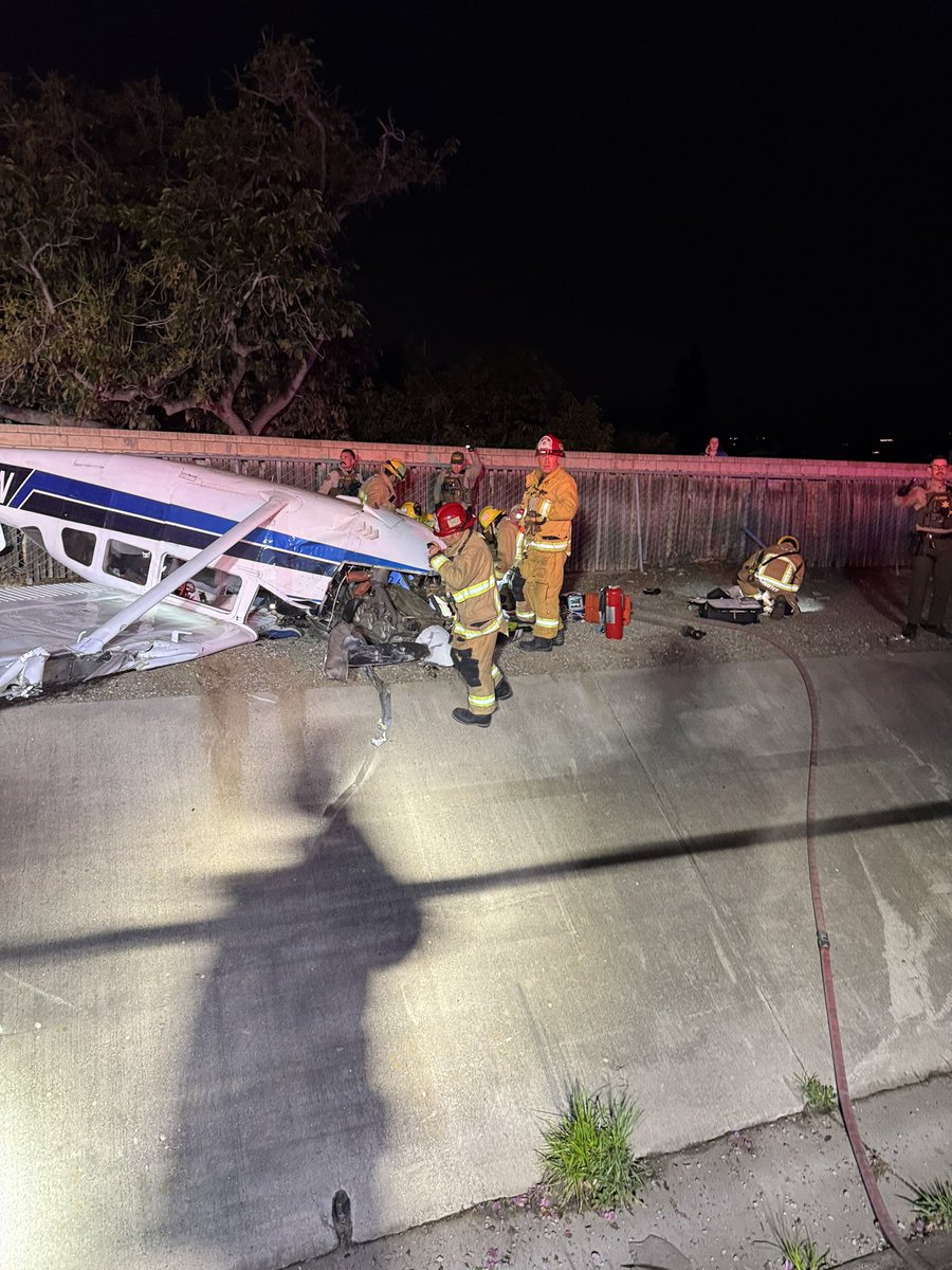 Update on crash Sunday night in Camarillo of single engine light plane into drainage canal...the male pilot and female passenger were both transported to Los Robles Medical Center in Thousand oaks.  He was unconscious and she was in stable condition. (Photo courtesy VC Fire PIO)