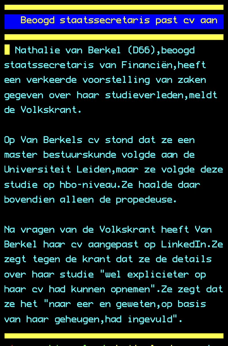 sander_de_wit's tweet image. Dit verhaal wordt almaar slechter.
Dus Nathalie van Berkel (43) had volgens haar eigen geheugen een Master bestuurskunde afgerond 🤣. Terwijl het een HBO propedeuse was.