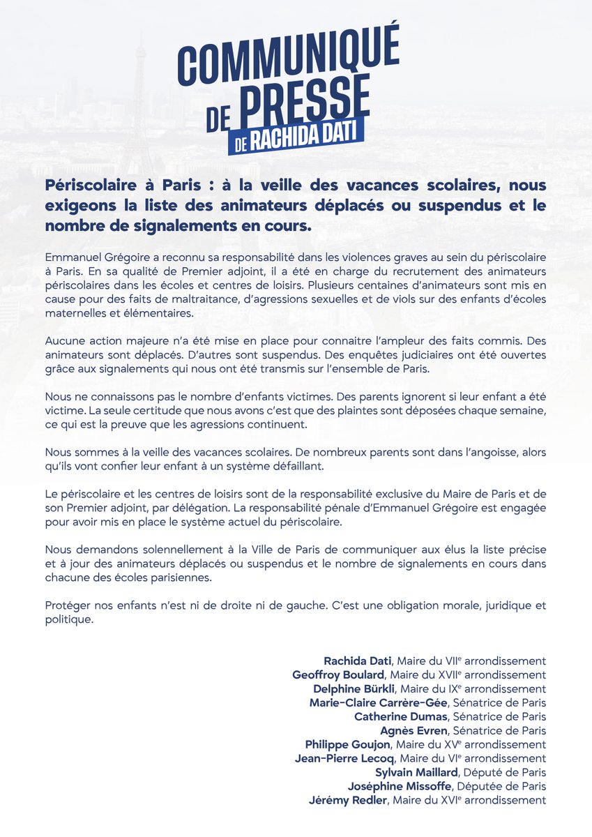 À la veille des vacances scolaires, avec les maires et parlementaires qui me soutiennent, nous exigeons la liste précise des animateurs déplacés ou suspendus et le nombre exact de signalements en cours, école par école.
Les parents veulent des réponses à leurs questions.