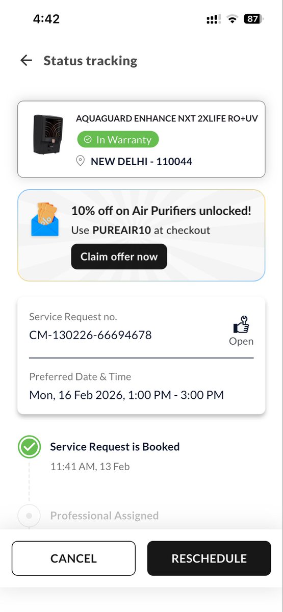ReenaSi08's tweet photo. Bought @EurekaForbes RO just 5 months ago and facing continuous issues since then. Raised complaint for bad water taste at 172 TDS. Technician came, TDS was 195, asked to reschedule. Did that. No one came today. Now TDS is 212. SR No: CM-130226-66694678. Please resolve urgently. https://t.co/Tj2pZ84mbZ