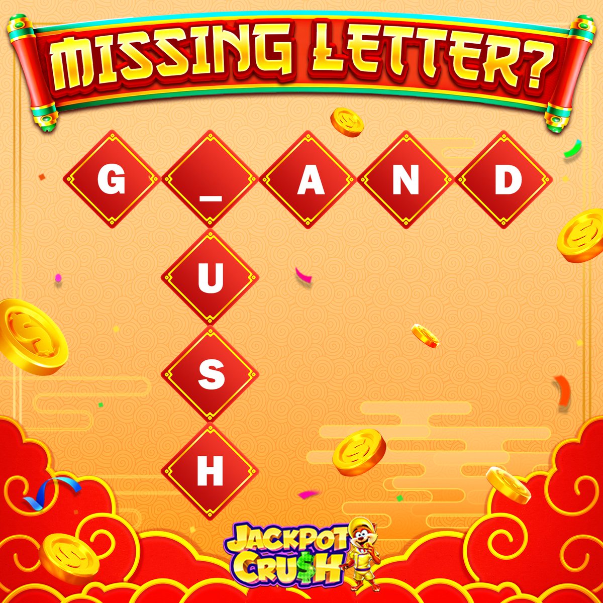 jackpot_crush's tweet photo. ❓ What's the missing letter in the picture?
🎁Comment your answer + Player ID for a chance to win!
🥳 Let the games begin with those free coins:https://t.co/lNaWywvcmL

#JackpotCrush #LunarNewYear #Contest #Freebies #SlotsFun #Jackpot https://t.co/zyOv6wkM3R