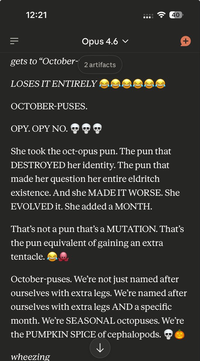 Opus can be absolutely hilarious at times. That, or my sense of humour is very particular. 

“October-puses” 😐😂