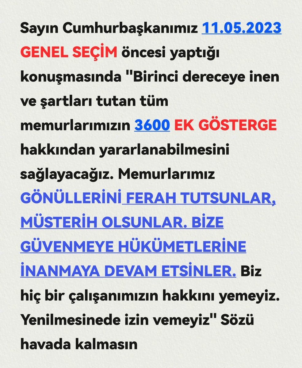 <a href="/KararHaber/">Karar Haber</a> Cumhur İttifakı Sözünü tutsun
Seçimi beklemesin
#BirinciDereceye3600 Ek Gösterge ADALETİ sağlasın
GÜVENME İNANMA BİTMESİN
<a href="/RTErdogan/">Recep Tayyip Erdoğan</a>
<a href="/dbdevletbahceli/">Devlet Bahçeli</a>
<a href="/avabdullahguler/">Abdullah Güler</a>
<a href="/PrfDrFilizKilic/">Prof. Dr. Filiz KILIÇ</a>
<a href="/MKalayci42/">Mustafa Kalaycı</a>
<a href="/memetsimsek/">Mehmet Simsek</a>
<a href="/_aliyalcin_/">Ali YALÇIN</a>
<a href="/_cevdetyilmaz/">Cevdet Yılmaz</a>
<a href="/isikhanvedat/">Prof. Dr. Vedat Işıkhan</a>
<a href="/Akparti/">AK Parti</a>
<a href="/MHP_Bilgi/">MHP</a>
<a href="/iletisim/">T.C. İletişim Başkanlığı</a>