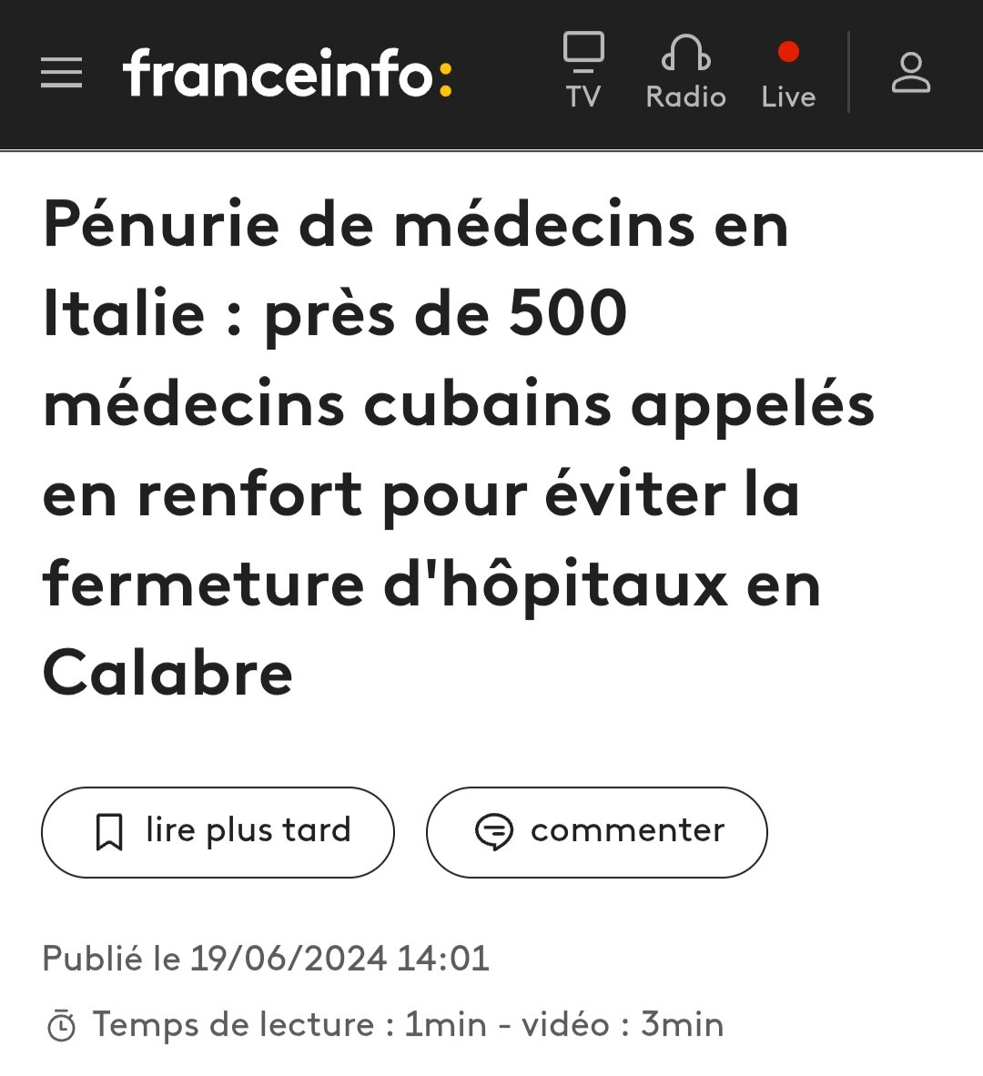 Pendant le COVID, Cuba a envoyé ses médecins en Italie pour aider le pays face à la pandémie.

Plusieurs années après, l'Italie a de nouveau appelé Cuba à l'aide pour éviter la fermeture de ses hôpitaux.

Cuba aide le monde entier. Y compris les pays alignés sur les États-Unis.