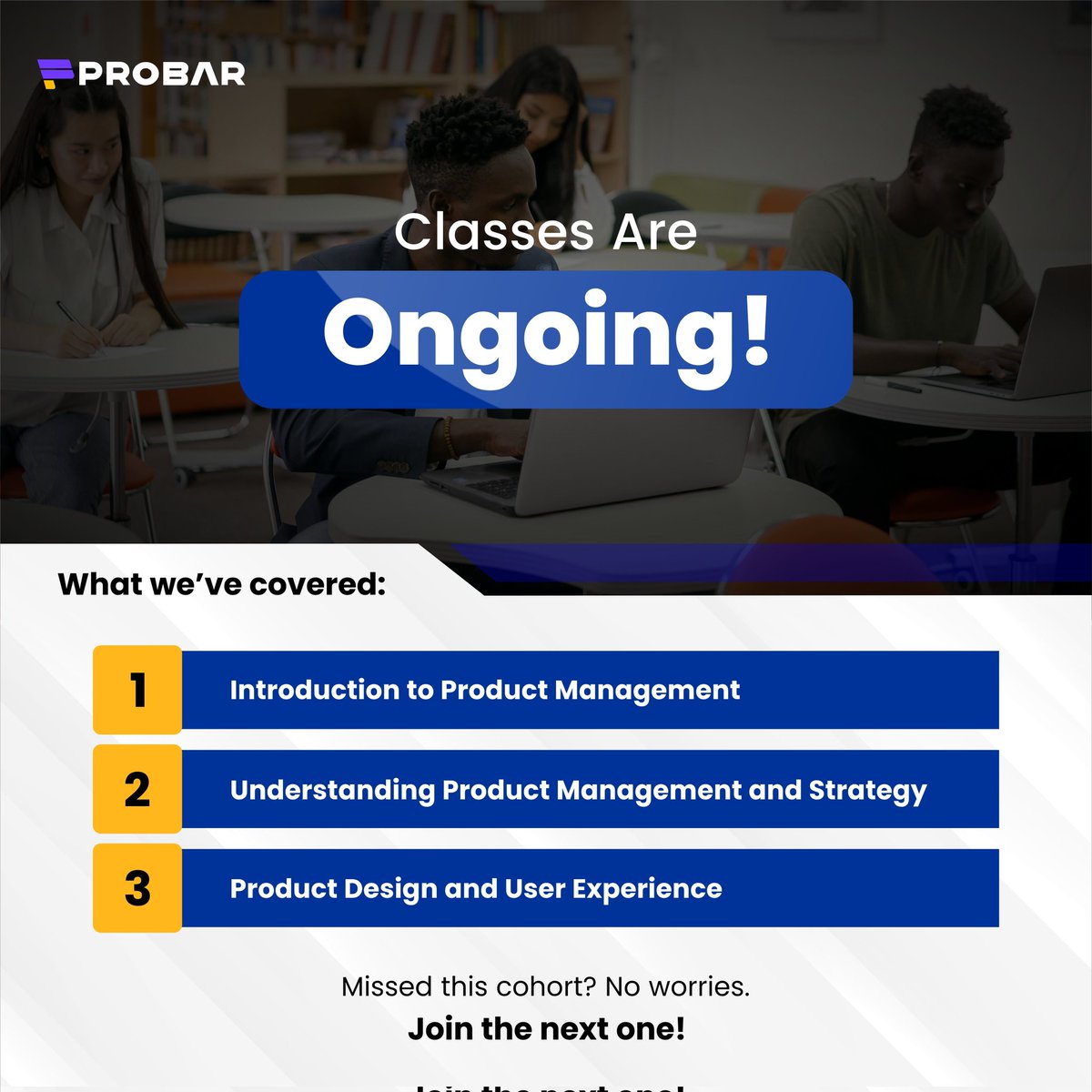 ProBar_Com's tweet image. From “I’m interested” to “I’m in class taking notes” — that’s the Probar journey 💛 Classes ongoing! #class #ProBar #Product #productmanagement #fundamentals