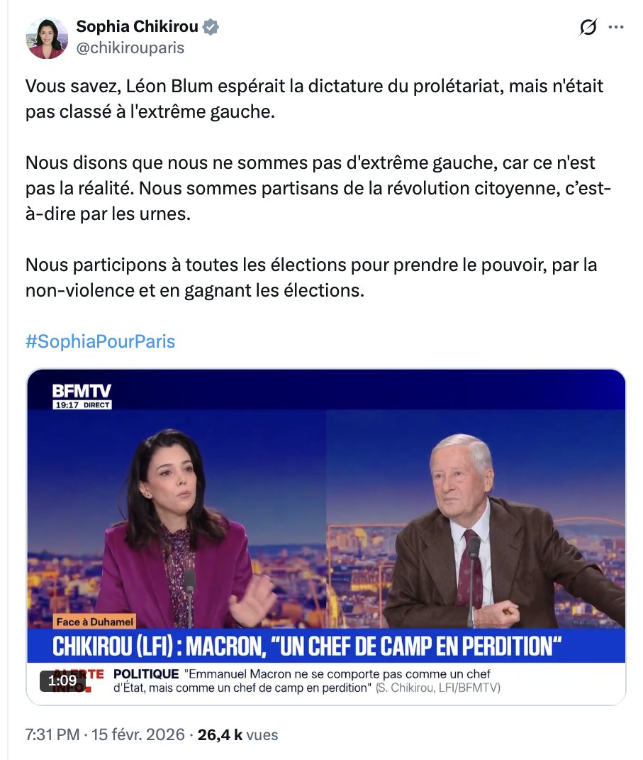 Bah non <a href="/chikirouparis/">Sophia Chikirou</a> de la #FranceInsoumise, vous vous plantez dans les grandes largeurs. 
- Léon Blum était un social-démocrate, un réformiste, un modéré, un républicain, et pour ça il a été stigmatisé par les communistes et l’extrême gauche, y compris souvent de façon