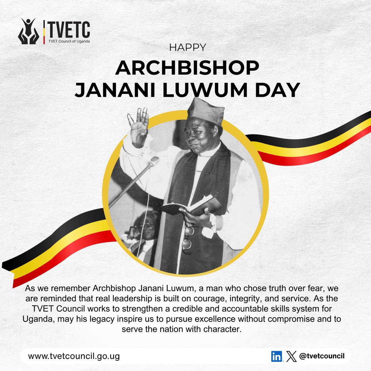 Today, The TVET Council joins the nation in commemorating Archbishop Janani Luwum Day.
We honor his legacy of peace, truth, and unwavering courage. 

#TVETUg#SkillsUg
<a href="/ED_TvetC/">ED, TVET Council</a> <a href="/ChairTvetC/">Chairperson, TVET Council</a>