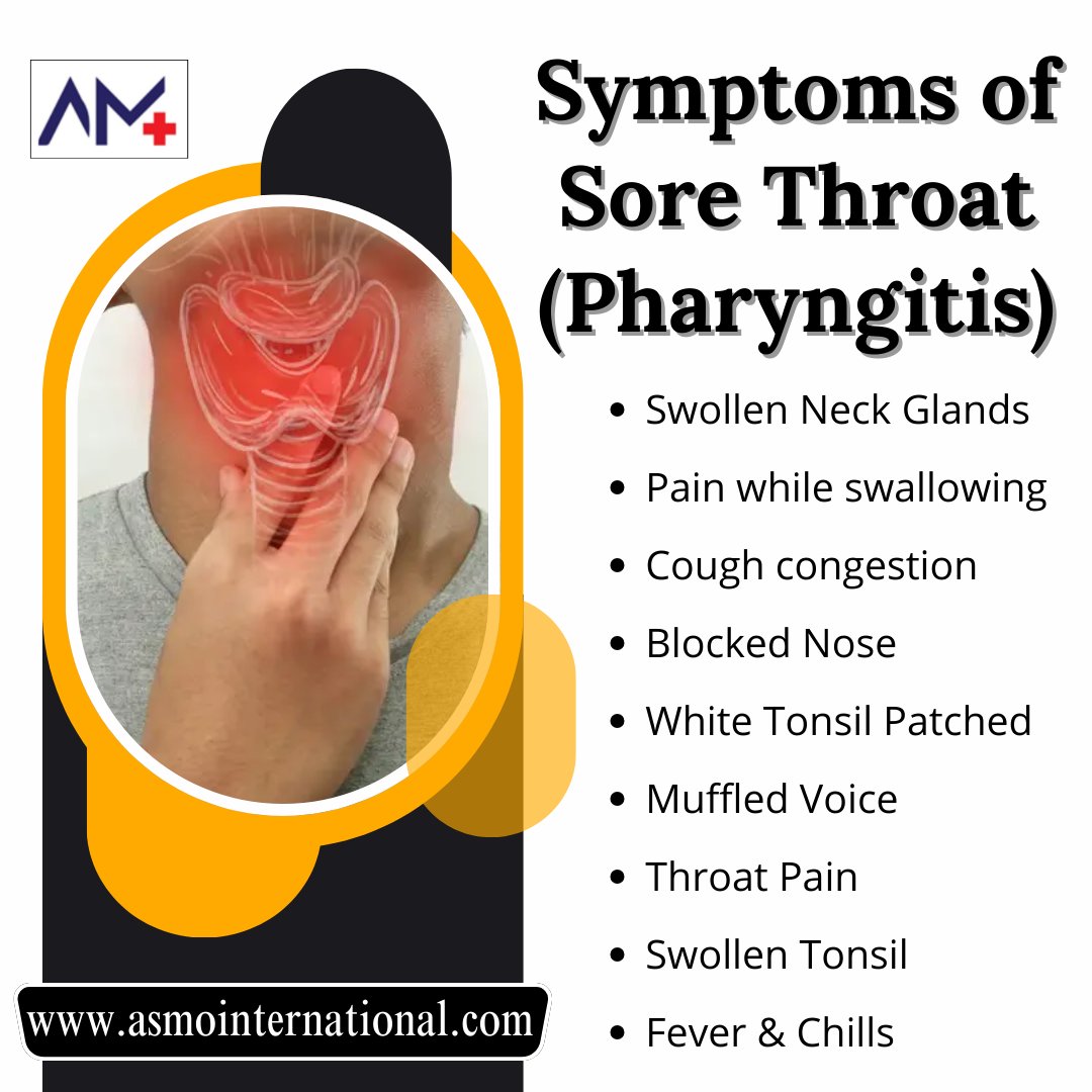 ashimamunjal05's tweet image. Symptoms of Sore Throat (Pharyngitis)
.
bit.ly/3nHERKo
.
#SoreThroat #Pharyngitis #ThroatPain #PainfulSwallowing #ScratchyThroat #RedThroat #SwollenTonsils #Hoarseness #DryThroat #Fever #Cough #healthcare #asmointernational #asmohealth #asmomedicines #asmocare