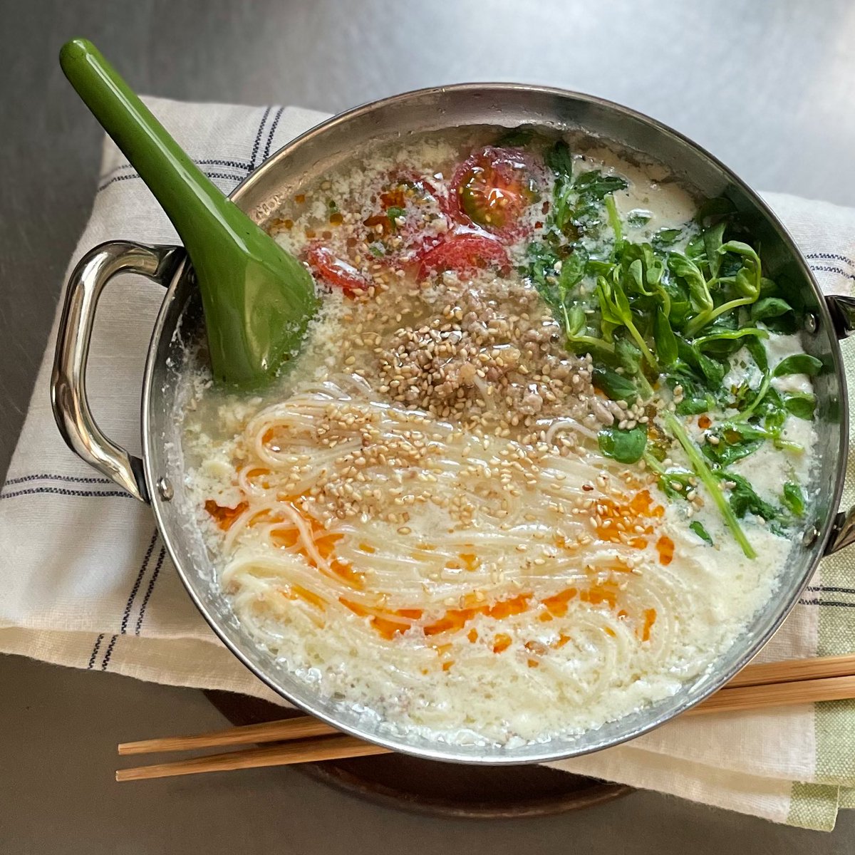 #今日のそうめん [1760日目］
豆乳坦々鍋焼き

今日は、直接麺を入れて茹でるver.をお試し♨️