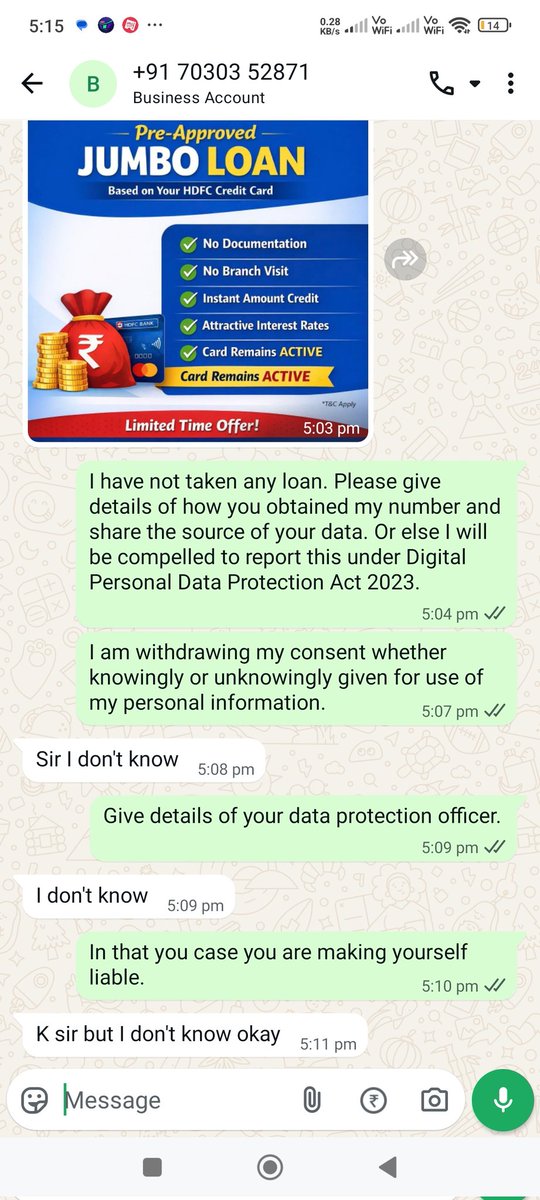 TStudentofLaw's tweet photo. @HDFC_Bank @GoI_MeitY please look into application of Data protection rules. No data protection officer. Staff has no respect for law. @RBI is this within Banking laws. https://t.co/7e5i31stXQ