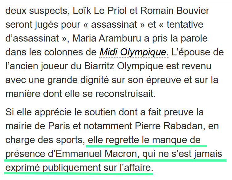Emmanuel Macron ne s'est jamais exprimé publiquement sur l'assassinat du rugbyman Federico Aramburu tué par balles en pleine rue à Paris par deux militants d'extrême droite.