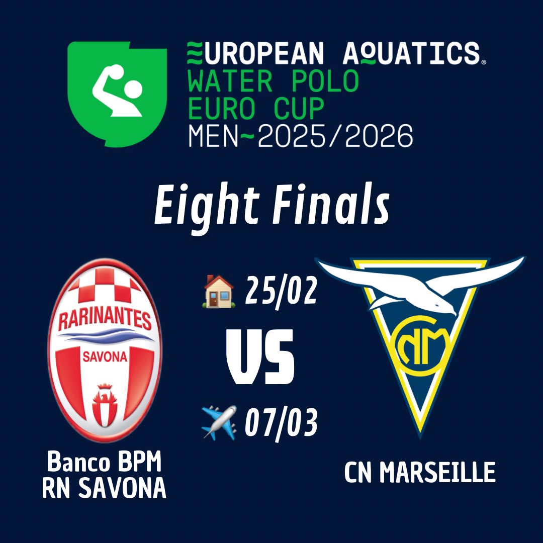 🤽🏼‍♂️ Euro Cup 🏆 Ottavi di Finale 🇪🇺
La Banco BPM Rari Nantes Savona incontrerà <a href="/CNMarseille/">CN Marseille</a> 

rarinantes.sv.it/19540/primo-pi…