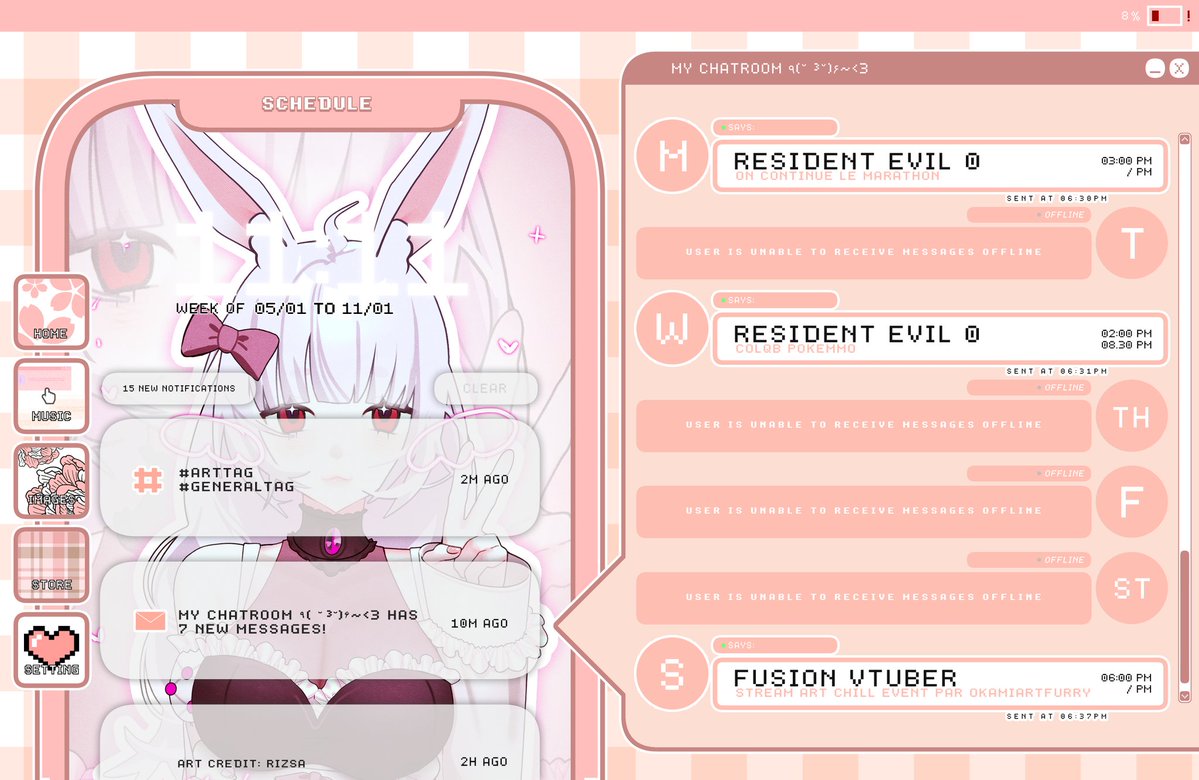 Planning

Lundi 16: 15h Resident Evil 0
Mardi 17:😴
Mercredi 18: 14h Resident Evil 0
20h30 PokeMMO avec <a href="/Shizu_Onoki_0v0/">Shizu Paonoki " COMMIS OUVERT "</a> <a href="/OWLWhiter/">ChouetteBlanche || VArtist/Vtuber</a> <a href="/RShinsen55192/">Ryukoji No Shinsen | Vstreamer et Fromagicien</a> <a href="/Delta__Striker/">Kamen Lagger Delta - VTuberFR</a> et NielLotha
Jeudi 19:😴
Vendredi 20:😴
Samedi 21:😴
Dimanche 22: 18h stream art fusion #vtuber organisé par <a href="/Okamia4/">🌸Okamiart Vtubeuse FR🌸 🟢VGEN COMMI OPEN🟢</a>