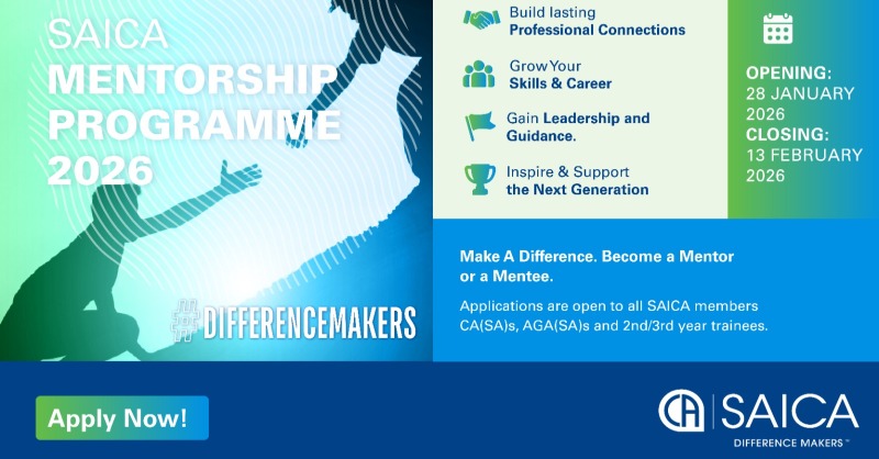 saica_za's tweet photo. REMINDER: SAICA Mentorship Programme 2026 – Applications Close Soon! 

Important Details:

Who can apply: Open to all SAICA members, CA(SA)s, AGA(SA)s, and 2nd/3rd year trainees. https://t.co/20OkbjQk5h