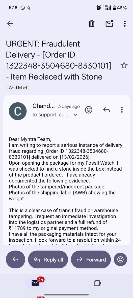 9848044146singh's tweet image. Shocked to receive a STONE instead of the FOSSIL watch. I ordered from @myntra . Order Id: 1322348-3504680-8330101. I expect an immediate refund and an investigation into this delivery fraud @myntra @MyntraSupport @nch1915 @Fossil #consumercomplaints #MyntraScam #fraud