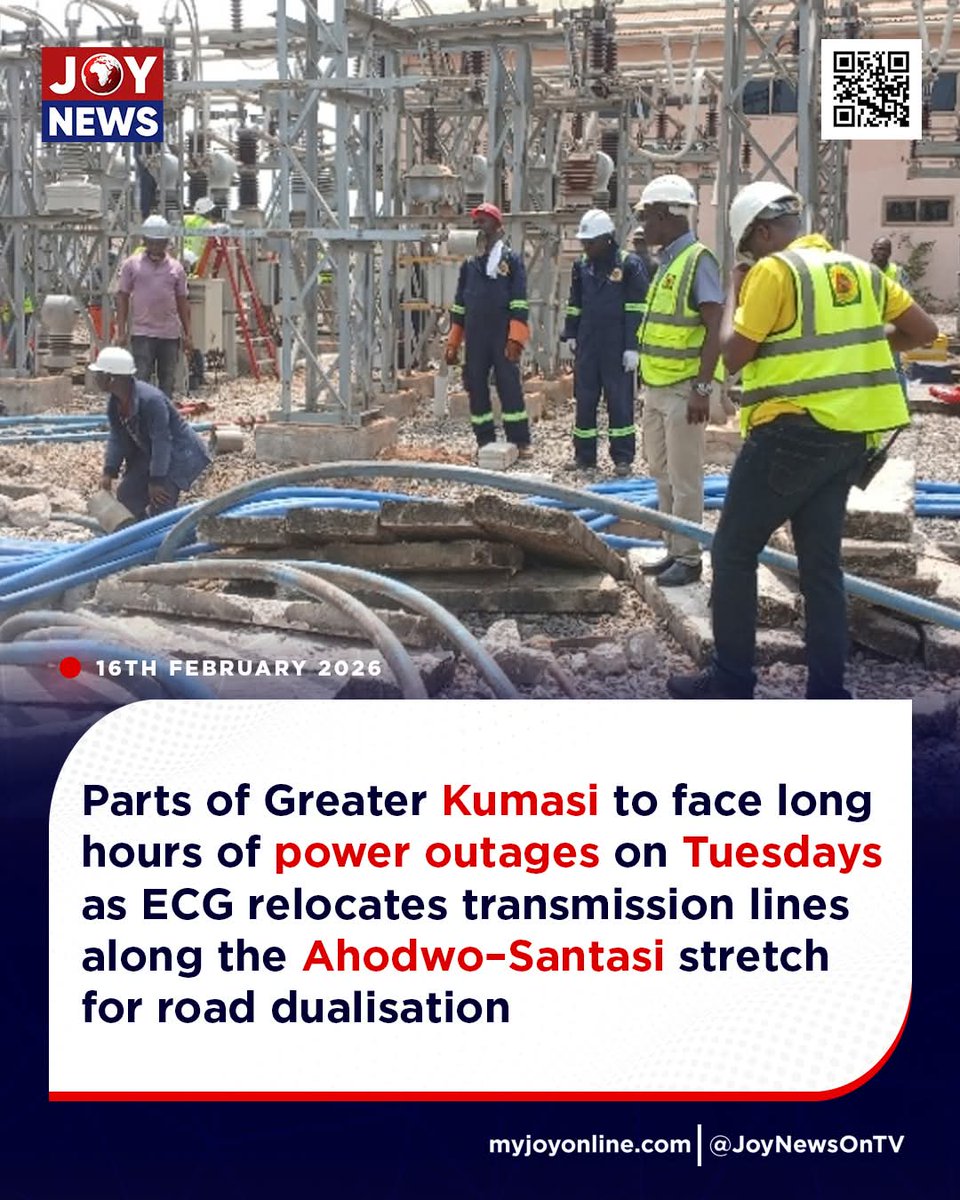 Notice 📌 

Kumasi:

The reason for power interruptions in the Ashanti region is because ECG is relocating their Transmission Lines to make way for:

The dualization of the roads which are currently ongoing.

Ghana water company is also rerouting their pipelines.