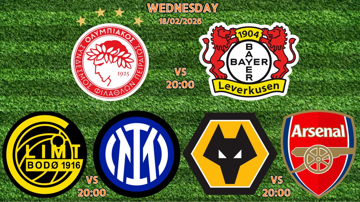 Champions League &amp; Premier League Games Tonight....

⚽Olympiakos v Bayer Leverkusen⚽20:00
⚽Bodo Glimt v Inter Milan⚽20:00
⚽Wolves v Arsenal⚽20:00

Watch it ALL LIVE here @ Steelers Sports Bar