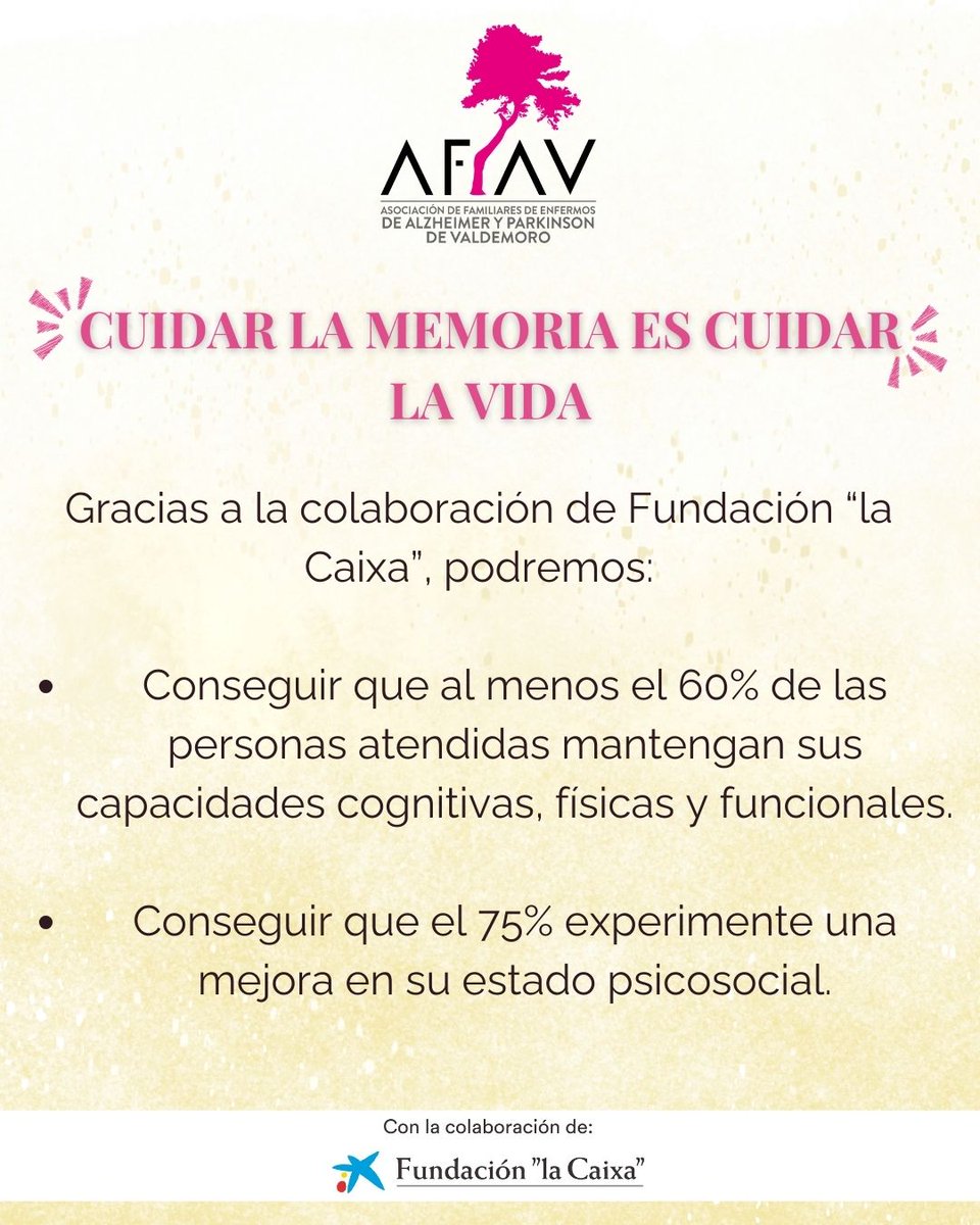 En 2025 con la colaboración de Fundación “la Caixa”, hemos podido realizar tratamiento especializado destinado a personas afectadas por la enfermedad de Alzheimer.
A través de estas actividades tratamos de ayudar ofreciendo apoyo personalizado y profesional.