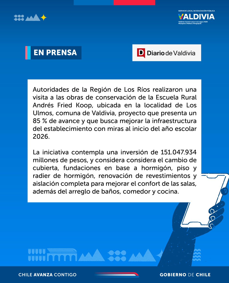 [EN PRENSA] 📰 👉 Diario de Valdivia: Autoridades de la Región de Los Ríos realizaron una visita a las obras de conservación de la Escuela Rural Andrés Fried Koop, el proyecto considera una inversión de más de 151 millones de pesos y permitirá iniciar el año escolar 2026.