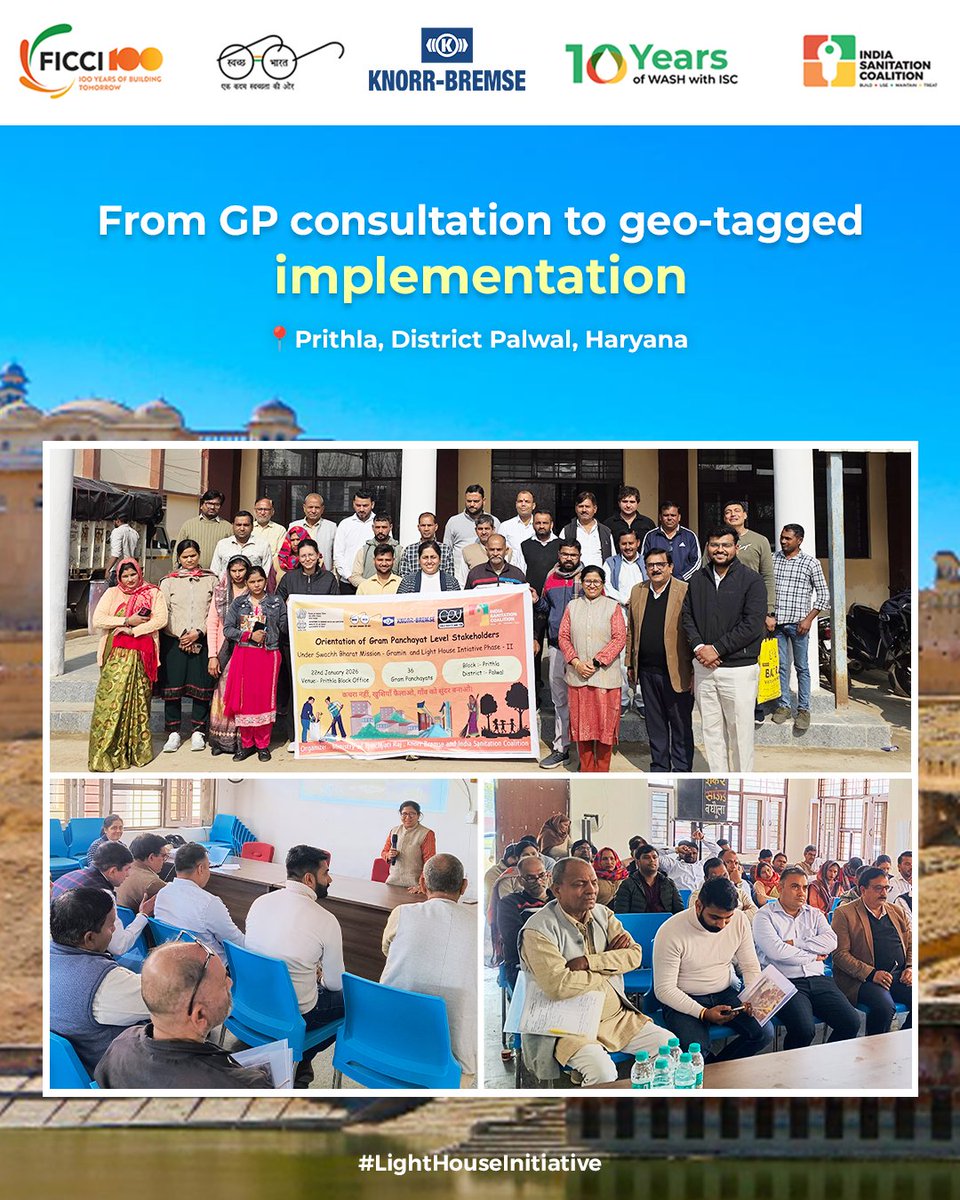 indsancoalition's tweet photo. The Lighthouse Initiative under Swachh Bharat Mission Grameen Phase II convened GP stakeholders in Prithla Block, Palwal, Haryana on January 22, 2026. The orientation brought together India Sanitation Coalition, CRY, Knorr-Bremse, and the Department of Drinking Water & Sanitation to advance ODF Plus models.

Key speakers included Mr. Sanjay Kumar Pandey (Team Lead, Central PMU for LHI, DDWS), Ms. Rupali Agrawal (CSR Head, Knorr-Bremse), Ms. Sukriti Makkar (Sr. Programme Manager, ISC), and Mr. Rakesh Kumar (Gram Sachiv, Block Prithla).

Discussions focused on solid-liquid waste management, community engagement, behavior change, and village development planning with active participation from Sarpanches and Swachhta Sathis.

The training emphasized practical solutions including household waste segregation, composting methods (NADEP, vermicomposting), greywater management, and plastic waste reduction. A highlight of the session was the showcase of Knorr-Bremse's greywater management initiative already underway in Baghola village, demonstrating real-world implementation and impact.

Participants committed to developing priority-based Village Development Plans, with Baghola Gram Panchayat identified as the pilot GP. Special focus was placed on the construction and functionality of the GP Segregation Shed at Baghola, which will serve as a critical infrastructure component for effective waste management and a demonstration model for other villages.

The initiative leverages funding from SBM-G, 15th Finance Commission, MGNREGA, and CSR contributions to create replicable models of sanitation excellence across rural India.

#SwachhBharat #LighthouseInitiative #SBMGPhaseII #RuralSanitation #WasteManagement #SustainableDevelopment #GreywaterManagement #WasteSegregation