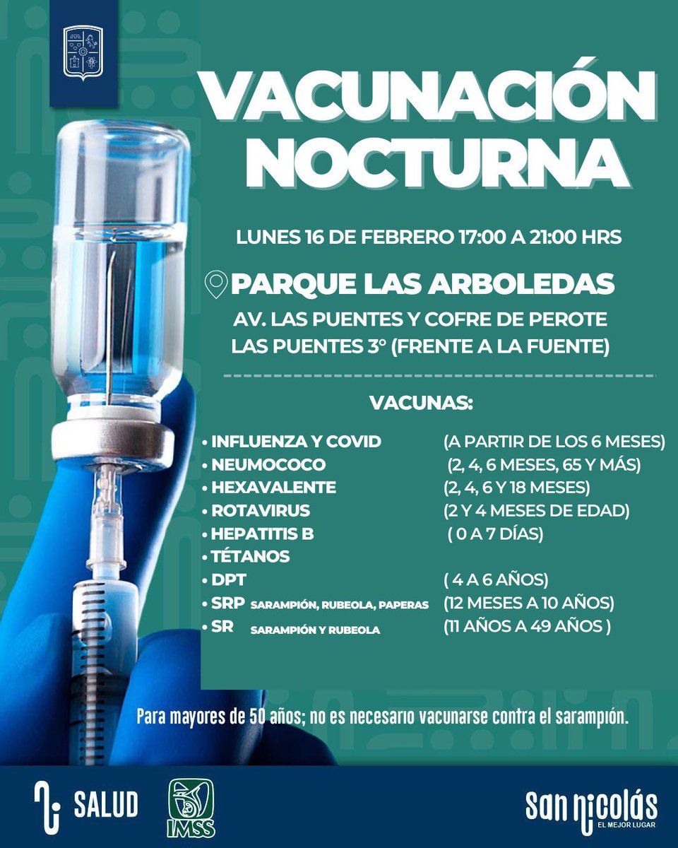 Vacunación Vespertina-Nocturna HOY!

📍parque Las Arboledas
⏰ 17:00hrs-21 horas

Continuamos cuidando de Ti y Tu Familia. 

Ayúdenme a compartir! <a href="/LilyOlivaresC/">Lily Olivares</a> <a href="/GobSanNicolas/">Gobierno de San Nicolás</a> <a href="/chaledelafuente/">Carlos de la Fuente</a> <a href="/MauroGuerraNL/">Mauro Guerra</a> <a href="/nancyaolguin/">Nancy Olguin</a> <a href="/cesarmty/">César Cepeda</a> <a href="/arandatamayo_/">HuGo Aranda Tamayo</a> <a href="/yadithvaldez/">Yadith Valdez</a> <a href="/joluisgarcia/">José Luis García C</a>