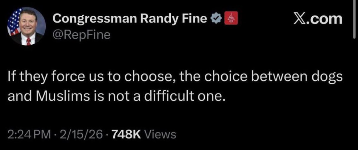 🇺🇸 US Congressman, Randy Fine from Florida stated: 

"If they force us to choose, the choice between dogs and Muslims is not a difficult one".

*The statement was made as a response to Palestinian activist, Nerdeen Kiswani, who had posted about the role of dogs as indoor pets in