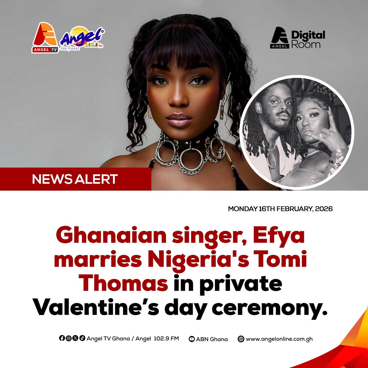 Angelfm1029's tweet photo. Ghanaian singer, Efya marries Nigeria's Tomi Thomas in private Valentine's day ceremony.

#AngelFm #AngelTV
#QuickBulletin https://t.co/6NMo4l1Ogq