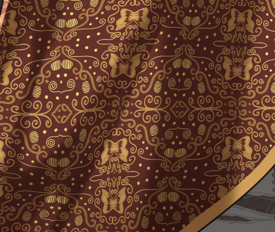 aku baru inget kemaren lewat ada yg bingung bentuk batik punya si yudi gmn bentuknya karena dari reff sheet gk ada, ini aku kasih liat deh dari yg aku punya di file riggingan, biar yg mau gambar bisa lebih jelas sama yg mau bikin teori atau lore bisa lebih akurat motif batiknya.