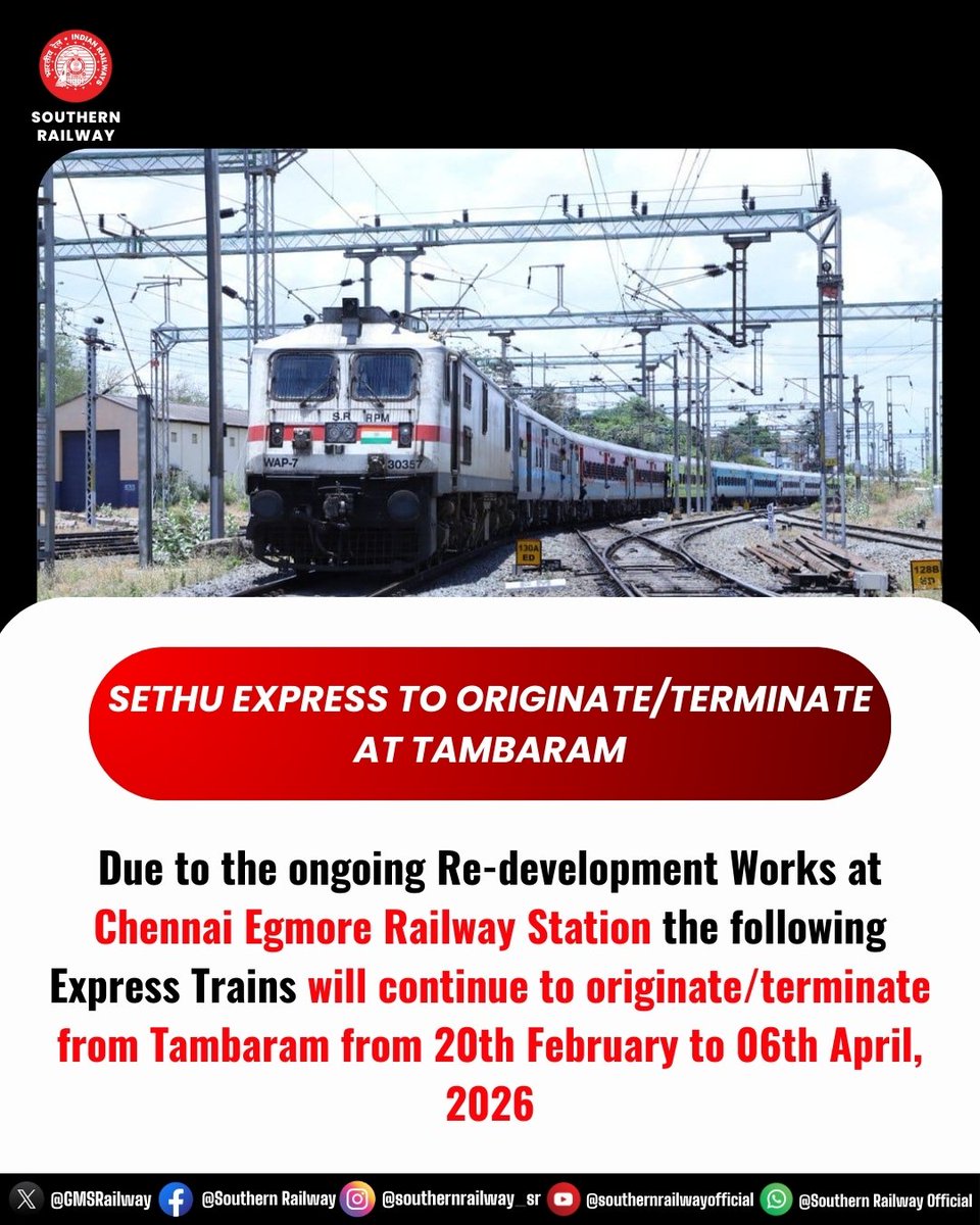 drmmadurai's tweet photo. 🚉 Important Update for Sethu Express passengers
Due to ongoing redevelopment works at Chennai Egmore, Sethu Express (22661/22662) will originate/terminate at Tambaram
Passengers are requested to plan their journey accordingly.
#SouthernRailway #SethuExpress #IndianRailways https://t.co/GjjIuoJufA