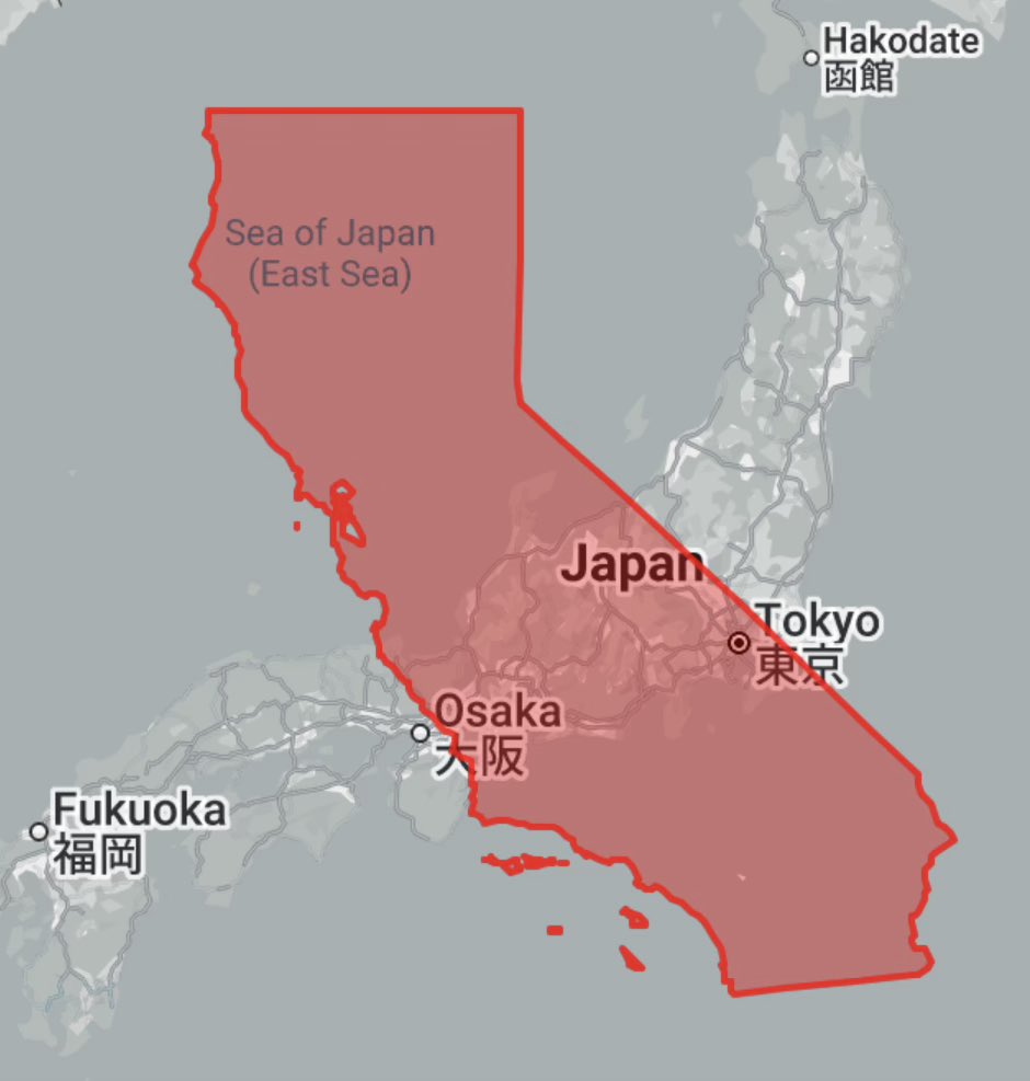 🇯🇵の知人が「お前🇺🇸詳しいだろ？今年の春にサンフランシスコ、ロサンゼルス、レッドウッド国立公園とか、カリフォルニアを3泊4日くらいで回ろうと思ってるんだけど、他に行った方がいいところがあったら教えて！」と言ってきたので下の画像を送って赤枠がカリフォルニア州だと伝えたら返事が途絶えた。