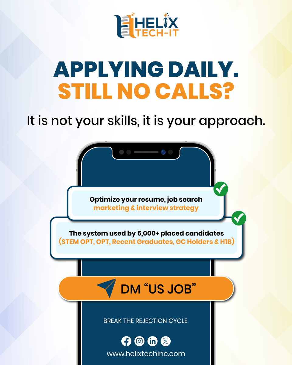 HelixTechIT's tweet photo. DM “US JOB” and we will share the roadmap that placed 5,000+ candidates into U.S. IT roles.

https://t.co/NKRuh1SKdW

#jobsearch #jobsearchsupport #internationalstudents #recentgraduates #careeropportunity #careergrowth #careerdevelopment #careeradvice #jobseekers #studentsupport https://t.co/yC9OWu0QFe