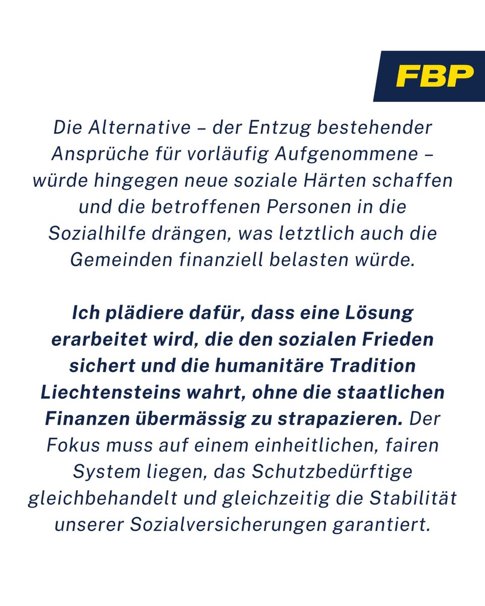 Wie soll Liechtenstein mit der vom StGH geforderten Gleichbehandlung von Schutzsuchenden umgehen?

Daniel Salzgeber (FBP): «Eine Lösung, die den sozialen Frieden sichert und die humanitäre Tradition wahrt, ohne die Finanzen übermässig zu strapazieren.»

#FBP #Liechtenstein