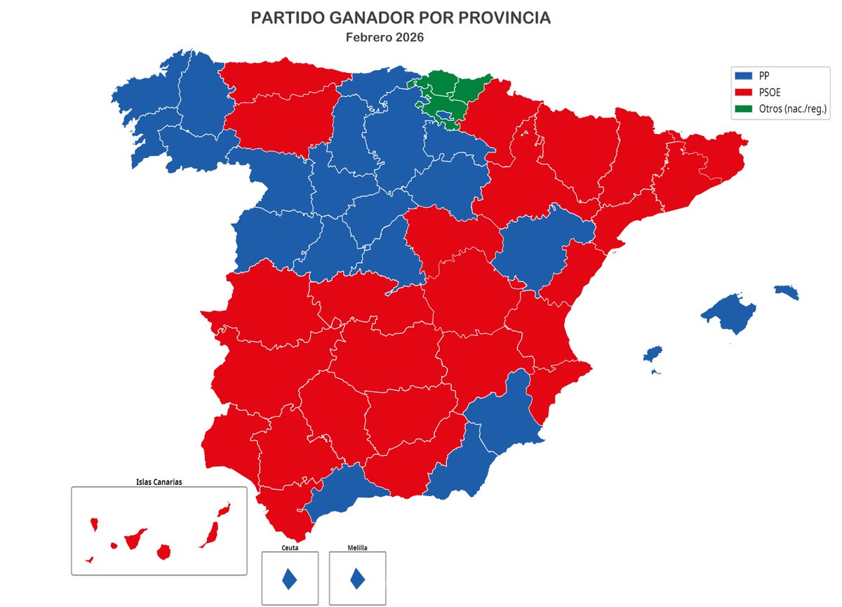 Partido ganador por circunscripción si hoy se celebrasen elecciones generales. Los que no quieren ver, que no miren.