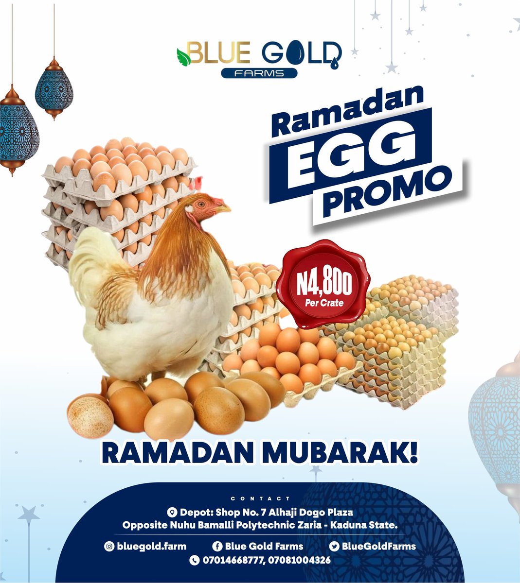 Ramadan promo at <a href="/BlueGoldFarms/">Blue Gold Farms</a>, our egg is now N4,800 from N5,000. Egg will be available at our depot tomorrow Tuesday, at 4pm.