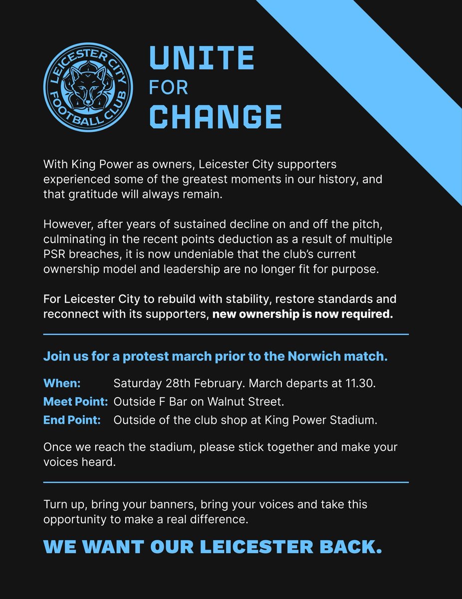 c_r_5's tweet photo. When you wanted to be a mini-Manchester City, briefly became a mini-Chelsea... But are now a mini-SheffWed or Luton

#LCFC
#TopOut
#UniteForChange https://t.co/ZUOj2Uyz6E