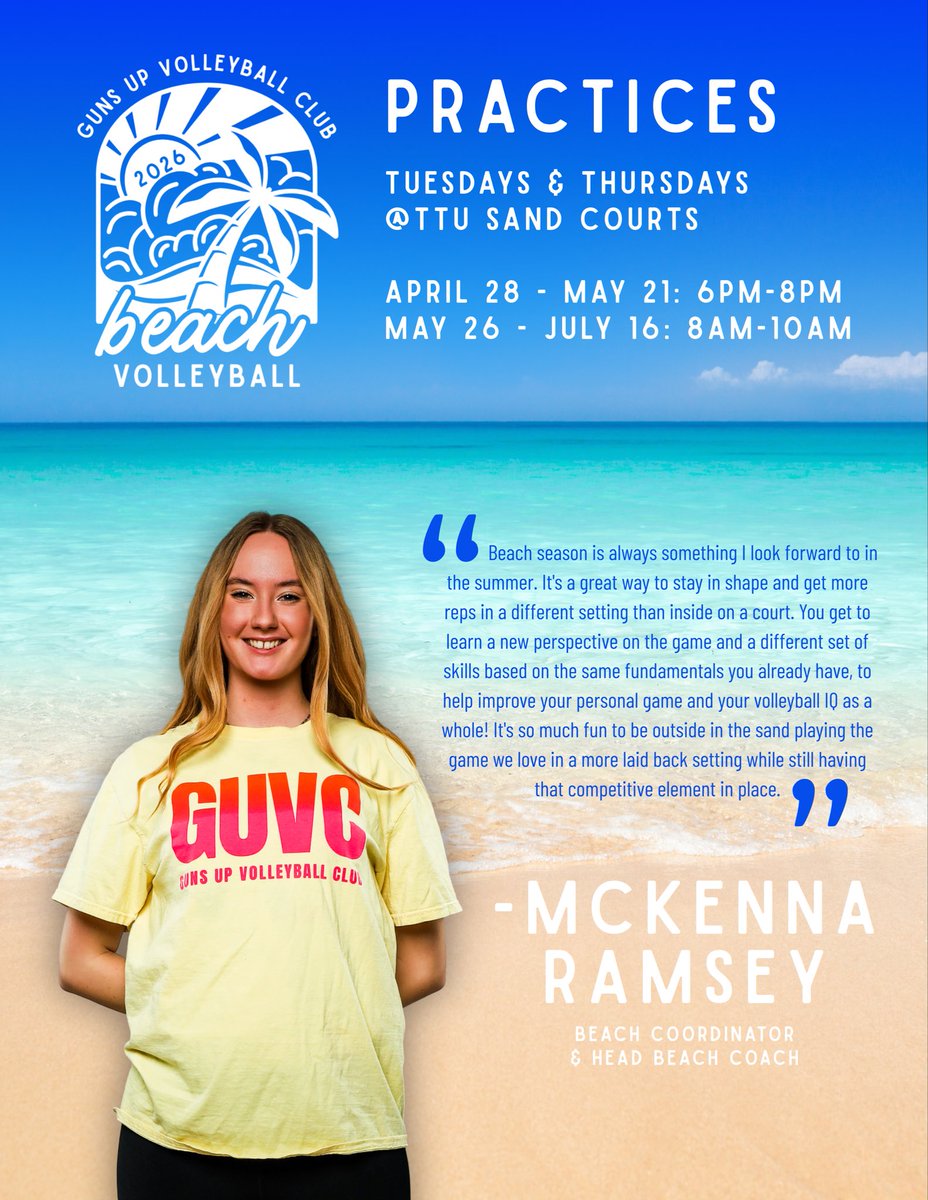 GunsUpVB's tweet photo. 🏖️ Everything’s just peachy… we mean, just beachy. ☀️🏐 ☀️

Now offering TWO 6-week sessions. Practices begin late April! Sign up today!

🔗 https://t.co/xdYjiovbe4 https://t.co/nv5bK3TJct