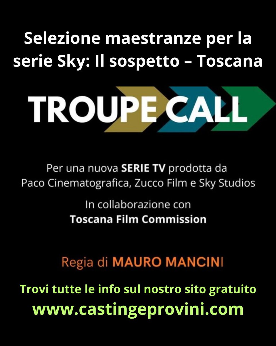 Selezione maestranze toscane per la serie Sky “Il sospetto” che sarà girata in Toscana a Viareggio (LU). Sei residente in Toscana? Invia la tua candidatura per lavorare nella crew, con la regia di Mauro Mancini. Apri il seguente link per tutte le info: castingeprovini.com/selezione-maes…