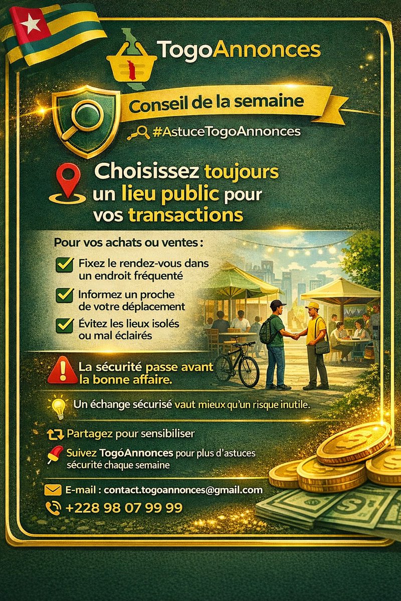 🛡️Conseil de la Semaine #AstuceTogoAnnonces

Pour vos achats et ventes, choisissez toujours un lieu public et fréquenté.

✅ Sécurité d’abord
❗ Évitez les lieux isolés
Un bon deal ne vaut jamais un risque inutile.

🔁 Partagez pour sensibiliser

#TogoAnnonces
 #Sécurité