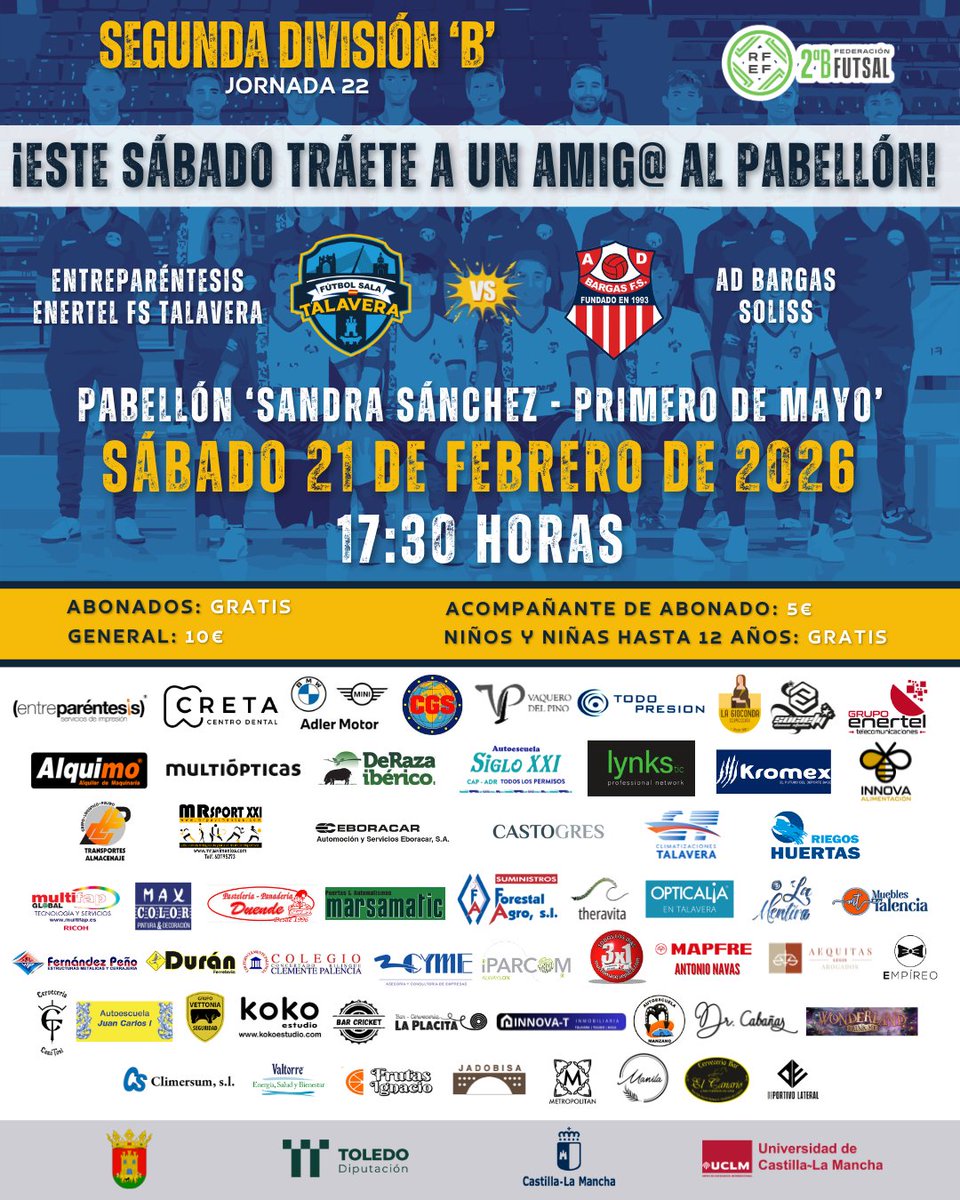 ¡ESTE SÁBADO TRÁETE A UN AMIGO! 🧑🏼‍🤝‍🧑🏻🧑🏼‍🤝‍🧑🏻🧑🏼‍🤝‍🧑🏻 Si eres ABONADO aprovecha nuestra 'promo' y por 5⃣€ saca una entrada adicional para un 'NO ABONADO' 🎟️🎟️🎟️. Desde las 1⃣7⃣:3⃣0⃣ nos medimos a <a href="/AdbargasOficial/">AD Bargas FS</a> 🔴⚪️ en busca de 3⃣ PUNTOS para seguir soñando 💭💭💭 #123Talavera 🩵🩷