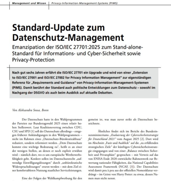 kryptomania84's tweet image. Nach gut sechs Jahren erfährt die #ISO27701 ein Upgrade und wird von einer „Extension" zum #ISO27001 zur eigenständigen Referenz für „Requirements and Guidance“ von Privacy-Information-Management-Systemen.
Aktuell in der &amp;lt;kes&amp;gt;⬇️
#pims #dsms #privacy 
kes-informationssicherheit.de/print/titelthe…